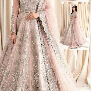 Embroidered Pakistani Maxi Dress: Net Frock, Satin Silk Trouser, Adda Work