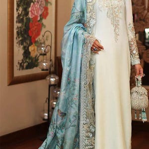 Embroidered Charmuse Silk Shalwar Kameez silk digital printed embroidery doopata  Pakistani Indian Gown