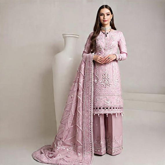 Embroidered Organza Pakistani Shalwar Kameez | Tea Rose Wedding Outfit | Luxury Stitched & Unstitched Formal Wear