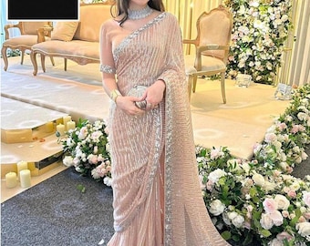 Embroidered Chiffon Saree: Pakistani Indian Wedding Party Dress