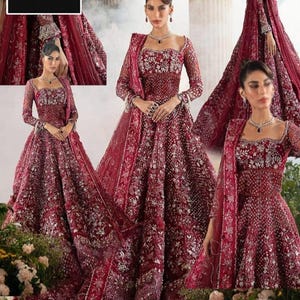 Embroidered Pakistani Maxi Dress: Indian Bridal Gown, Net Dupatta & Silk Trouser
