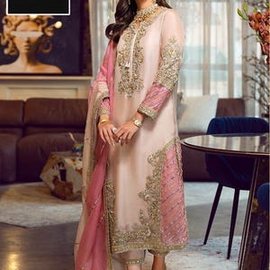 Embroidered Organza Pakistani shalwar kameez  Suit: Zari and Sequence Work indian outfit