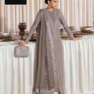 Raw Silk Pakistani Shalwar Kameez: Crystal and Stone Adda Work, Embroidered Dupatta indian outfit