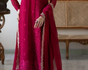 Traje pakistaní de gasa bordada: Shalwar Kameez tradicional, vestido de novia indio con costura personalizada
