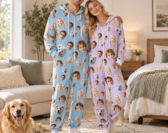 Onesie met capuchon en rits, gepersonaliseerde loungewear voor het hele gezin (unisex)