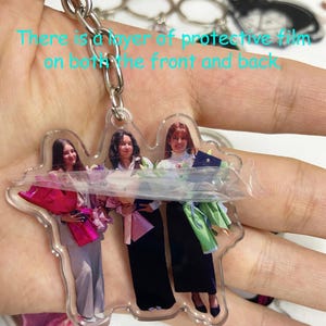 May include: Clear acrylic keychain featuring a photo of three people. The keychain has a silver metal chain and a protective film. The image shows three people holding bouquets and wearing formal attire. The text on the image says, "There is a layer of protective film on both the front and back."