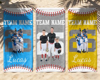 Custom Youth Baseball Beach Towel, Personalized Team Name Jersey Number Photo Towel, Kids Baseball Player Gift