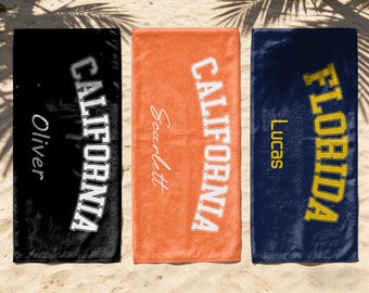 Toalla de playa personalizada para la universidad, toalla de playa con nombre personalizado, regalo universitario, regalo de graduación universitaria, toalla con nombre personalizado para mostrar el espíritu universitario.