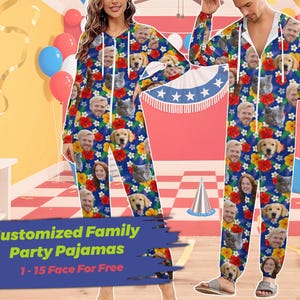 Peut inclure: Pyjama bleu à manches longues et fermeture éclair, orné d'un motif de visages, de chiens, de chats et de fleurs. Le texte sur l'image indique "Customized Family Party Pajamas 1-15 Face For Free".