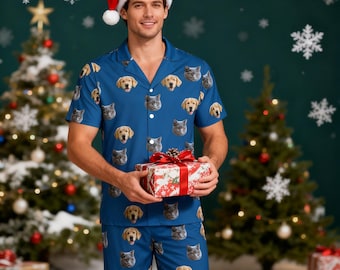 Benutzerdefinierte Haustier Gesicht Pyjama Set, personalisierte Hund Katze Porträt Kurzarm Loungewear mit Knöpfen, benutzerdefinierte Foto Tier passende Nachtwäsche Geschenk