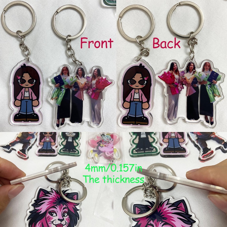 May include: Clear acrylic keychains with a cartoon character design and a photo of three women holding bouquets. The keychains are attached to silver key rings. The thickness of the acrylic is 4mm or 0.157 inches. The word "Front" and "Back" are visible.