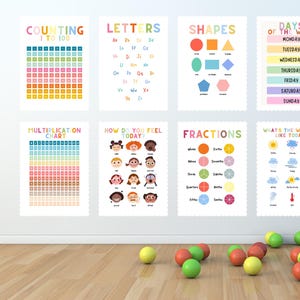 Pósteres educativos de colores del arcoíris para niños: matemáticas, alfabeto, emociones, clima y espacio. Para niñas.