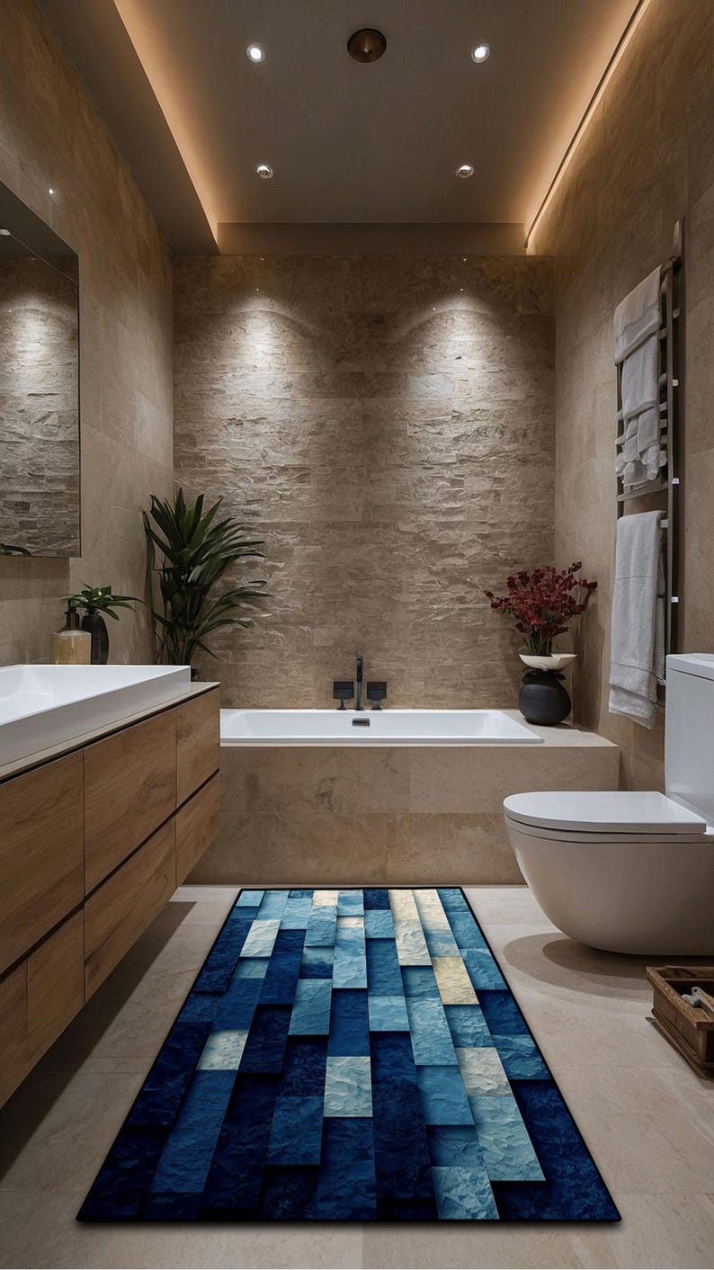 Modern Blue Bathroom Runner Rug , Geometric Stone Pattern Bath Mat ...