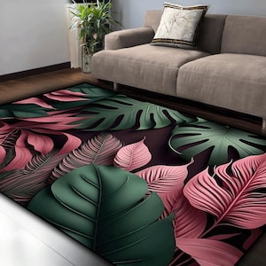 Leaf Rug,Leaf Pattern Rug,Pink Green Leaf Rug,Pink Tropical Rug,Leaf Themed Rug ,Leaf Pattern Home Decor,Living Room Decor,Nature Lover Gift