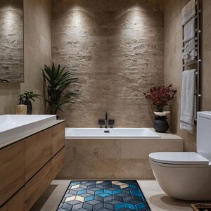 May include: A contemporary bathroom featuring a geometric rug in blue, grey, and gold. The room includes a bathtub, toilet, and wooden vanity. The walls are beige, and the lighting is recessed. The rug is approximately 180cm long.