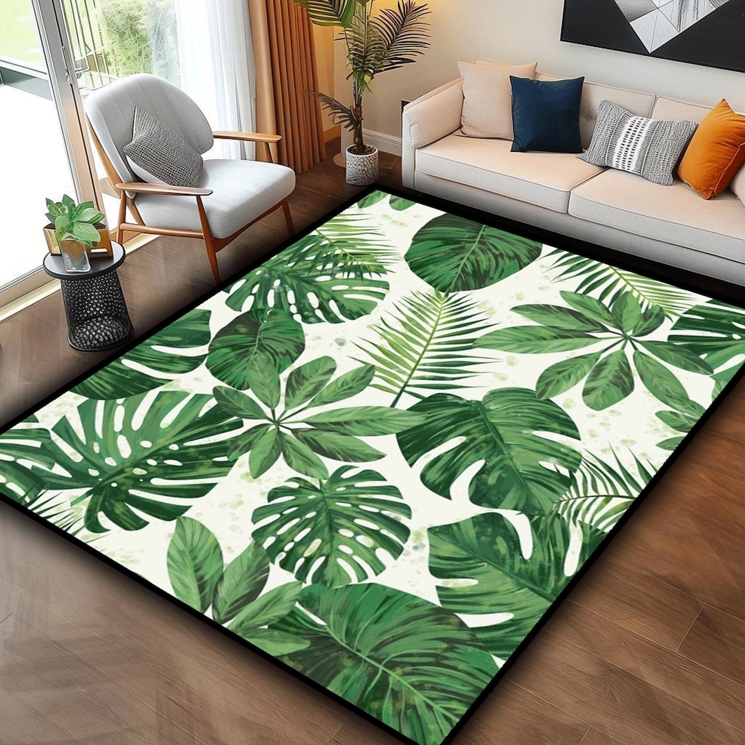 Leafy Handmade Rug Leaf Rug ,leaf Pattern Rug,green Tropical Leaf Rug,tropical Rug,leaf ...