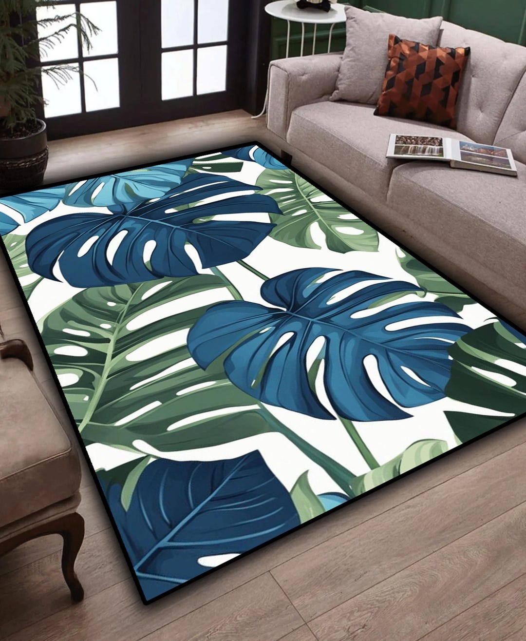 Leaf Rug,leaf Pattern Rug,tropical Leaf Rug,blue Green Leaf Rug,leaf ...