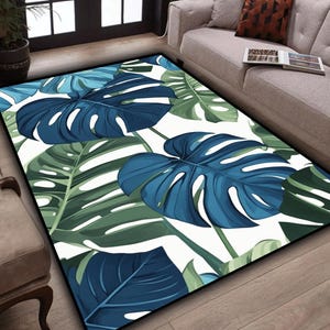 Leaf Rug,Leaf Pattern Rug,Tropical Leaf Rug,Blue Green Leaf Rug,Leaf Themed Rug ,Leaf Pattern Home Decor,Living Room Decor,Nature Lover Gift