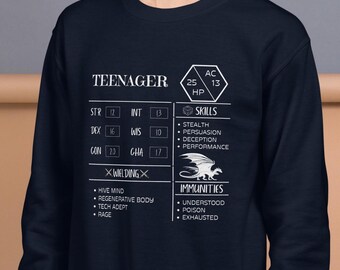 D&D Teenager Character Sheet Sweatshirt: Funny RPG Pullover