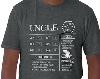 D&D Uncle Character Sheet T-Shirt: Funny Gamer RPG Tee