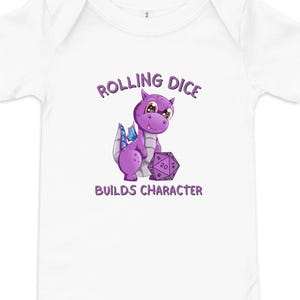 Rolling Dice Builds Character Baby Bodysuit, DnD-Inspired Funny Nerdy Infant Onesie, RPG Baby Shower Gift, Tabletop Gamer Baby Clothes
