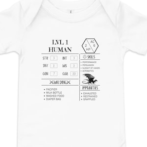 LvL 1 Human Baby Bodysuit, Funny D&D Character Sheet Nerdy Baby Gift, Dungeons and Dragons Newborn Outfit, Geeky Onesie, Baby Shower Present