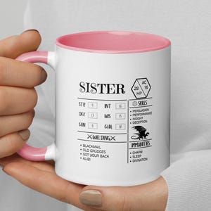 Taza de hermana de D&D: Hoja de personaje de fantasía, regalo para gamers