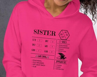 D&D Sister Character Sheet Hoodie: Dungeons and Dragons RPG Gift