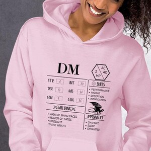 Sudadera con capucha y hoja de personaje de Dungeon Master, sudadera de D&D DM, jersey de Dungeons and Dragons, regalo para fanáticos de los juegos de rol de mesa.