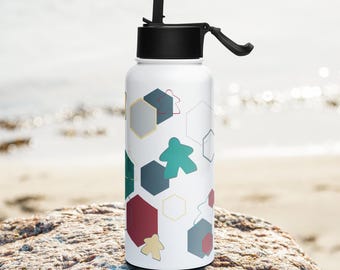 Botella de agua para juego de mesa: diseño de Meeples y mosaicos hexagonales - Acero inoxidable de 32 oz