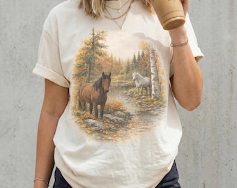 Two Horses in Mountain Nature Vintage T-Shirt, Retro 90s Wildlife Art, Wild Horses Landscape Illustration Shirt, Comfort Colors®