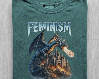 Feminism Dragon T Shirt Gothic Fantasy Castle Graphic Tee Feminist Empowerment Retro Vintage Acid Wash Metal Aesthetic Unisex Comfort Colors