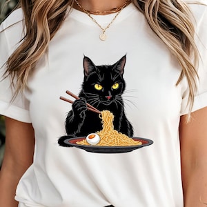Noodle Cat Shirt, Ramen Cat T-Shirt, Foodie Lover Shirts, Black Cat Noodle T-Shirts, Retro Cat Tees, Cat Lover Sweatshirts, Black Cat Tee
