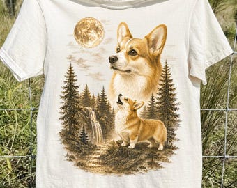 Corgi Howling To The Moon T-Shirt, Vintage Graphic Dog Lover Shirt, Funny Corgi Gift Tee, 90s Full Moon Dog Shirt