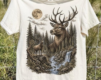 Vintage Deer Shirt, Stag Forest Moon Tee, Wildlife Nature Graphic T-Shirt, Rustic Waterfall Comfort Colors Gift for Outdoors Lovers