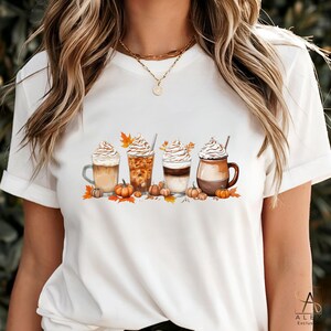 Pumpkin Spice Coffee Cups T-Shirt: Cozy Fall Leaves Illustration
