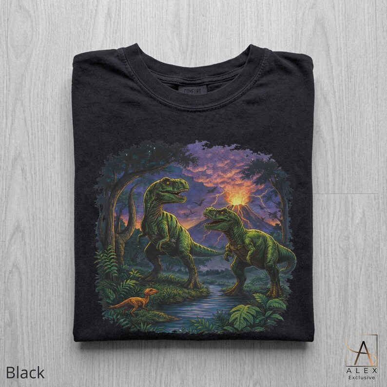 May include: Black t-shirt featuring a detailed illustration of two green dinosaurs in a prehistoric landscape with a river, trees, and a volcano. The shirt has the text "Black" at the bottom left.