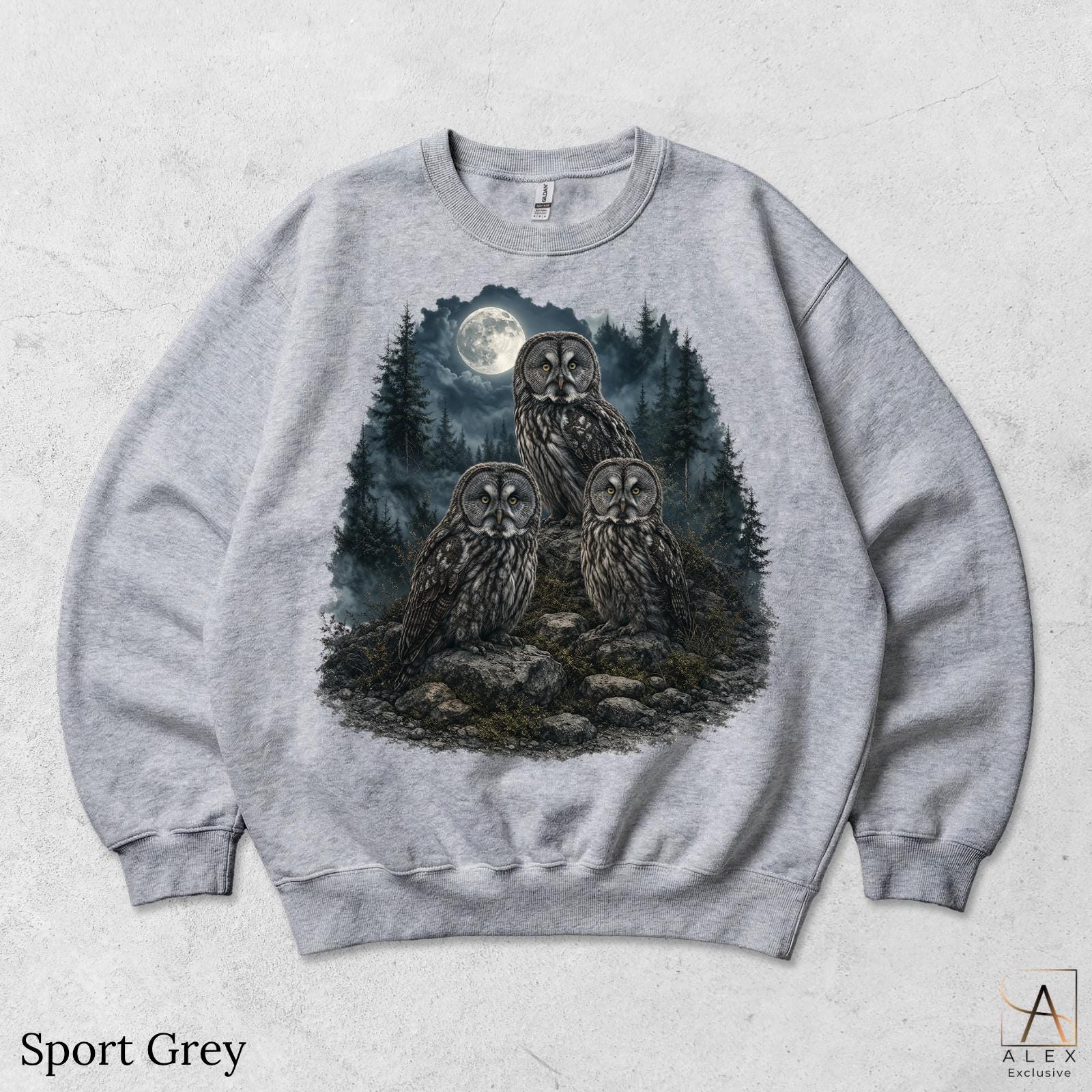 Vintage Owl Trio Night Sweatshirt, Moon Forest Wildlife Graphic, Retro Nocturnal Nature Crewneck, Co