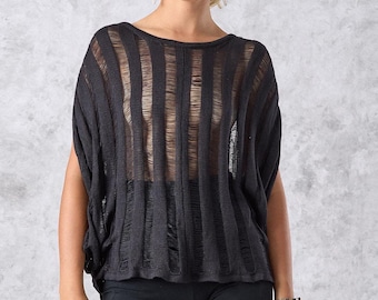 Übergroßes schwarzes Strickoberteil – Durchsichtiger Viskose-Pullover, handgemacht, Designer-Stil, geschlechtsneutral