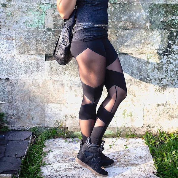 Schwarze Mesh-Baumwoll-Leggings | Bio-Yogahose | Alternative Festival Kleidung | Kantig und Bequem | OFFRANDES