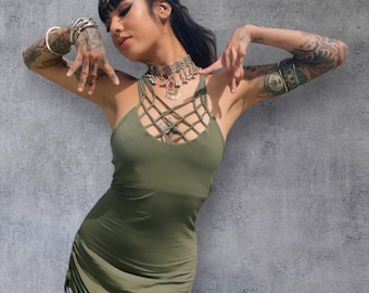 Macrame Mini Dress with Built-in Bra — Open Back Lace-Up Summer Dress, Boho Festival Outfit