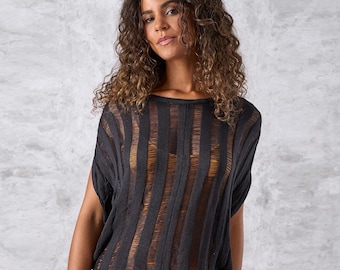 Oversized Black Rayon Knit Top – Sheer See-Through Layering Sweater, Trendy & Versatile
