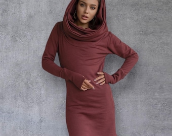 Fleece Hoodie Dress: Double Hood, Thumb Hole, Cowl Neck
