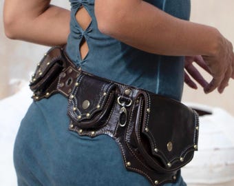 Brown Leather Utility Belt: Festival Steampunk Pocket Belt