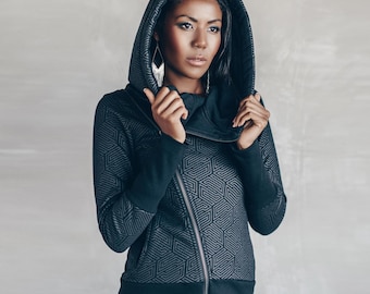 Black Fleece Hoodie: Geometric Print, Asymmetric Zip, Thumb Holes