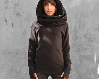Black Cotton Fleece Double Hooded Cowl Neck Hoodie - Thumb Hole