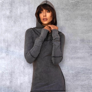 Long Sleeve Hooded Mini Dress — Organic Cotton Bodycon Winter Dress, Stonewashed, Sustainable & Form-Fitting