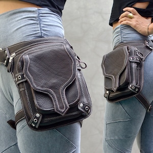 Leather Hip Belt Thigh bag Hip bag with leg strap Biker Travel Belt Pocket Utility Belt Leg Bag OFFRANDES BROWN - Leather