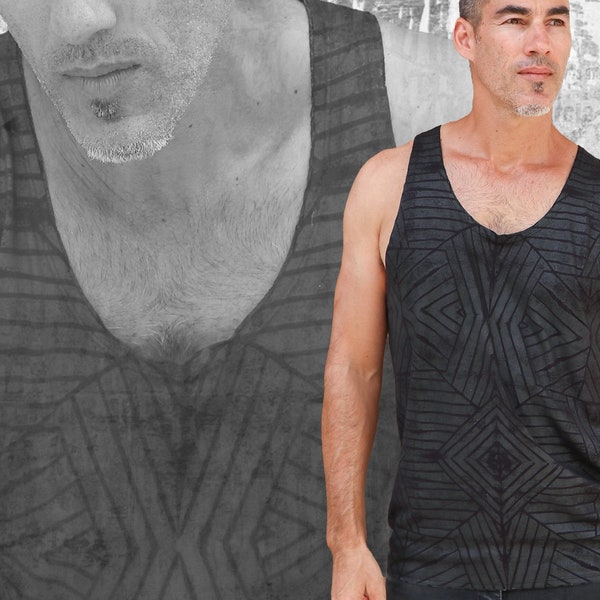 Grafik-Herren-Tank-Top | Geometrischer Druck | Ärmelloses Yoga Top | Streetwear Singlet | Stammes- Festival Party Kleidung | Brennender Mann | Geschenk für Ihn