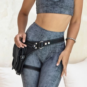 Leather Hip Belt Thigh bag Hip bag with leg strap Biker Travel Belt Pocket Utility Belt Leg Bag OFFRANDES BLACK - Leather
